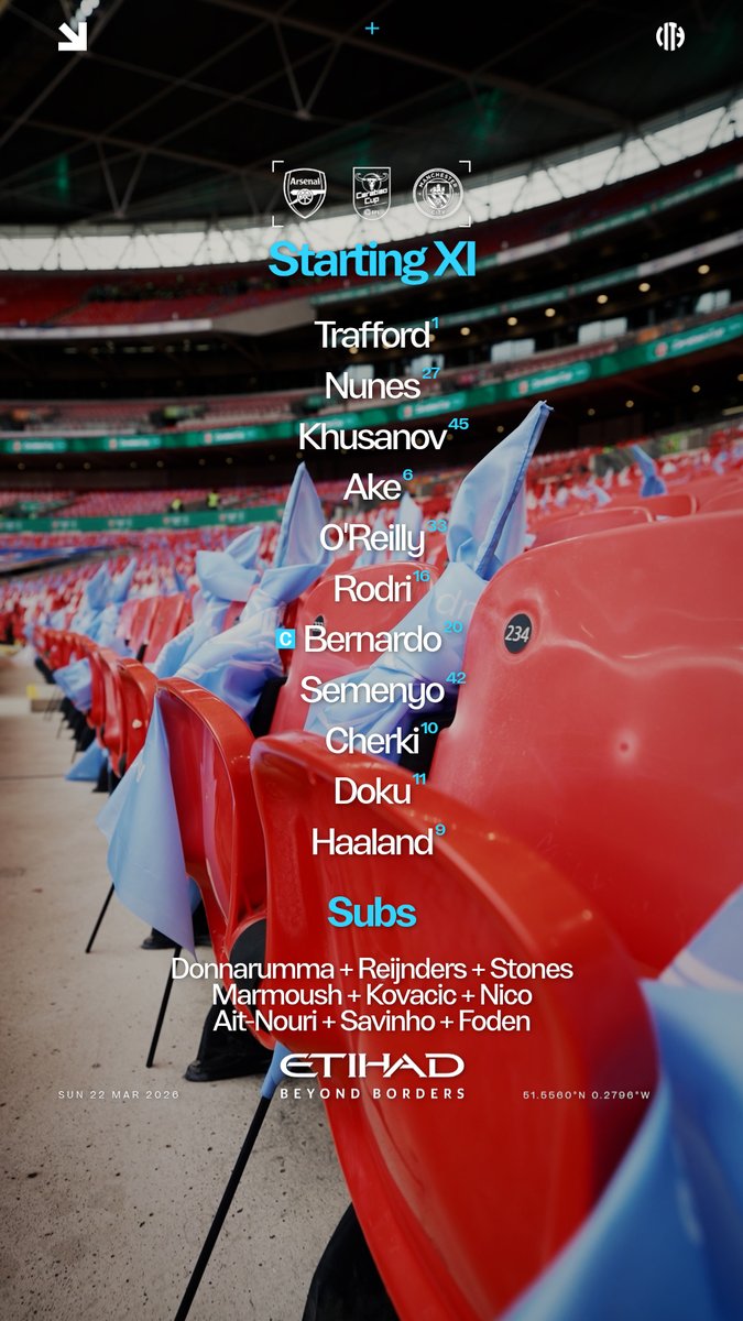 Your League Cup final line-up! 😤🩵 XI | Trafford, Nunes, Khusanov, Ake, O’Reilly, Rodri, Bernardo (C), Semenyo, Cherki, Doku, Haaland SUBS | Donnarumma, Reijnders, Stones, Marmoush, Kovacic, Nico, Ait-Nouri, Savinho, Foden 🤝 Etihad Airways