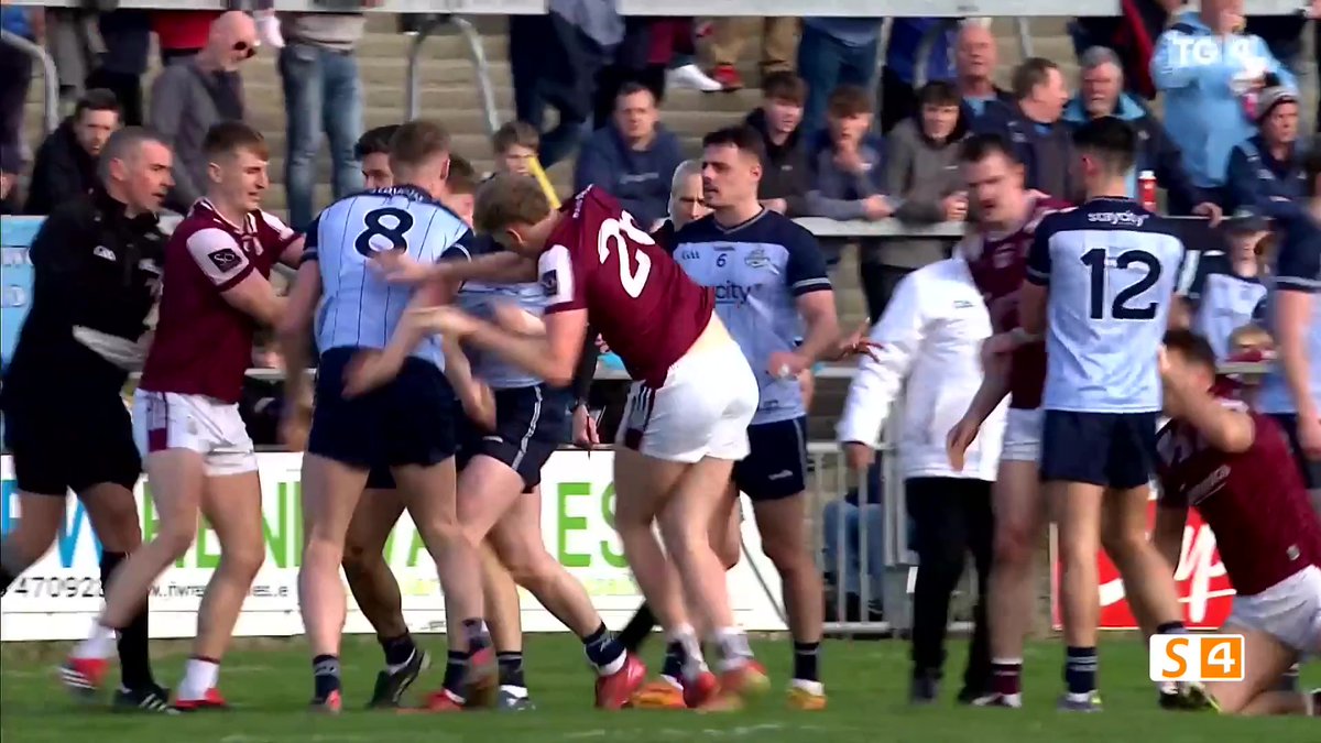 Tempers flare in Salthill😡 Players and management all losing the rag as Galway and Dublin clash. Ger Brennan was red carded for his role in the melee😬