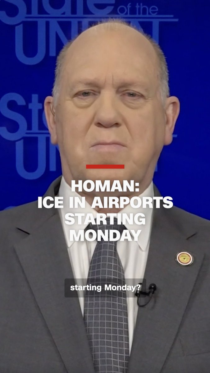 White House border czar Tom Homan confirmed to CNN's Dana Bash that ICE agents will begin deploying to US airports on Monday. He said they will assist with security at entrances and exits to ease TSA's workload amid the partial government shutdown. Follow live updates.