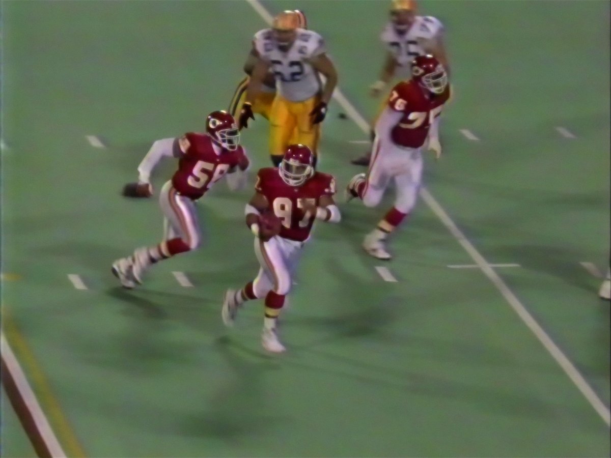 1993: Joe Montana is sidelined with an injury, so Brett Favre leads the Chiefs to victory with six Packers turnovers on Monday Night Football. Assists from Dan Saleaumua, Bennie Thompson, JJ Birden and Todd McNair.