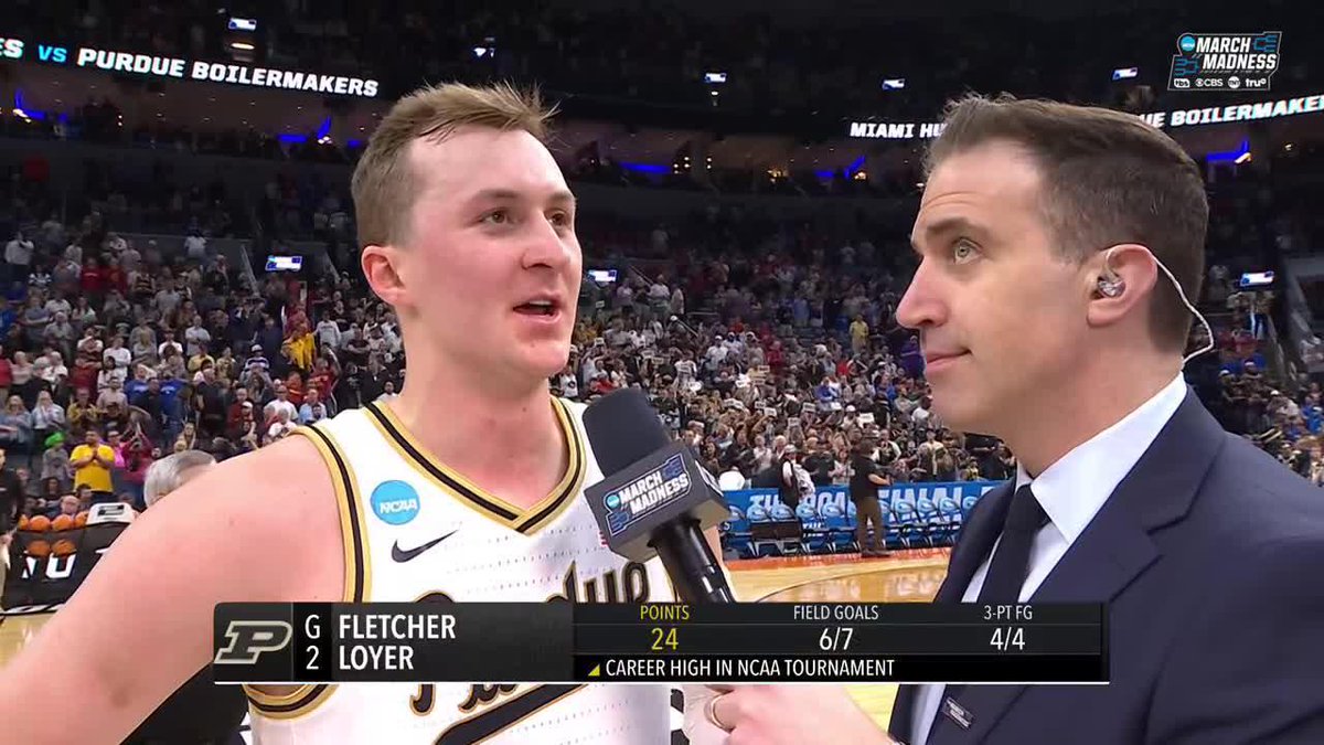"Just trusting my teammates to get me the ball in the right spots..." Fletcher Loyer told Jon Rothstein how he was able to catch fire vs. Miami and drop 24 points on 7 shots.