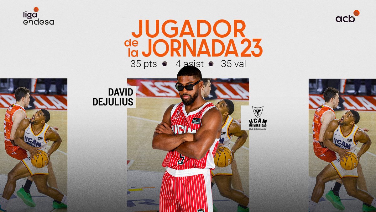 ⭐️ Hay actuaciones que, simplemente, son HISTORIA en sí mismas... Y la de DAVID DEJULIUS para darle la victoria a UCAM Murcia en Manresa es una de ellas. ¡3⃣5⃣ puntos y 3⃣5⃣ de valoración para convertirse en el JUGADOR DE LA JORNADA 2⃣3⃣ de #LigaEndesa!