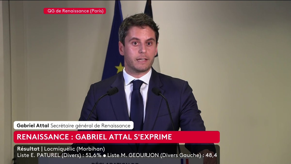 🔴 🗣 Gabriel Attal : "Il faut très vite que nous nous remettions à parler de la France aux Français. Depuis une semaine, de très nombreux Français ont été dégoutés par le spectacle politique", déplore le président du groupe Renaissance à l'Assemblée nationale.