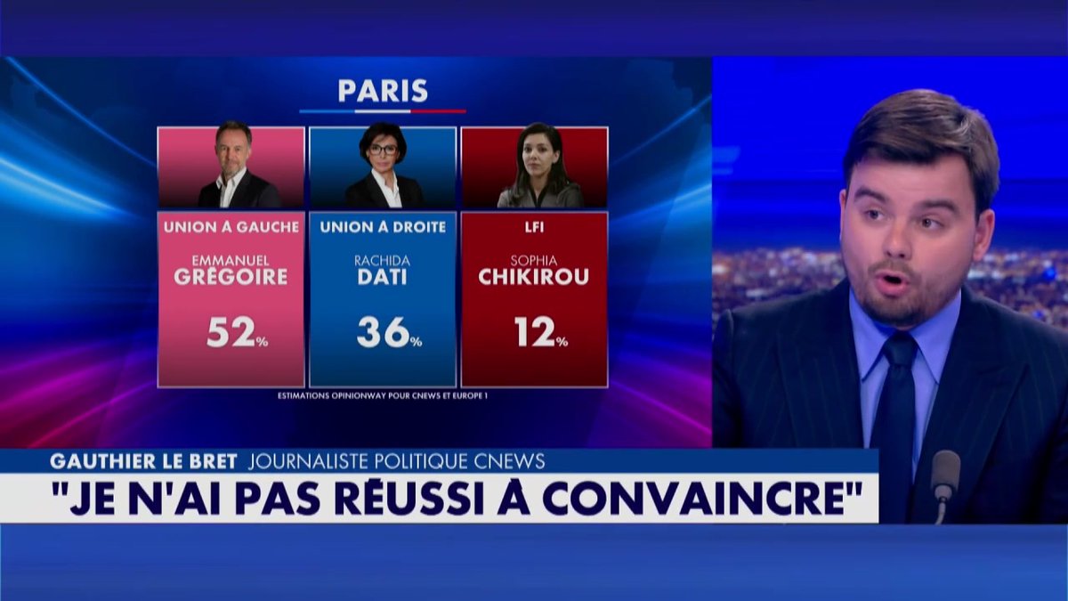 🗳️ "À Paris, un centriste est enfaite un gauchiste (...) les électeurs de Pierre-Yves Bournazel ont plutôt fait le choix d'Emmanuel Grégoire que de Rachida Dati" déclare Gauthier Le Bret #Municipales2026 #Europe1