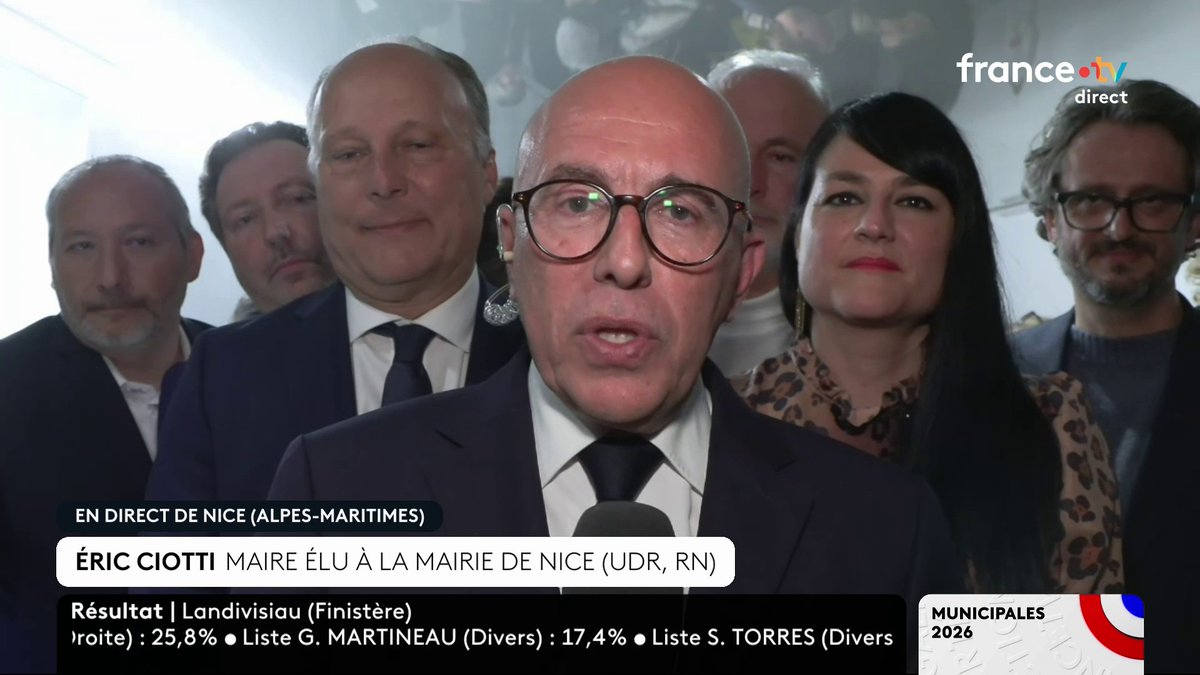 "Les Niçoises et les Niçois ont voulu le changement. Ils ont voulu moins d'impôts, plus de sécurité, plus de proximité". Eric Ciotti (UDR) s'exprime après sa victoire contre Christian Estrosi (soutenu par Horizons), maire sortant, à Nice. #Municipales2026