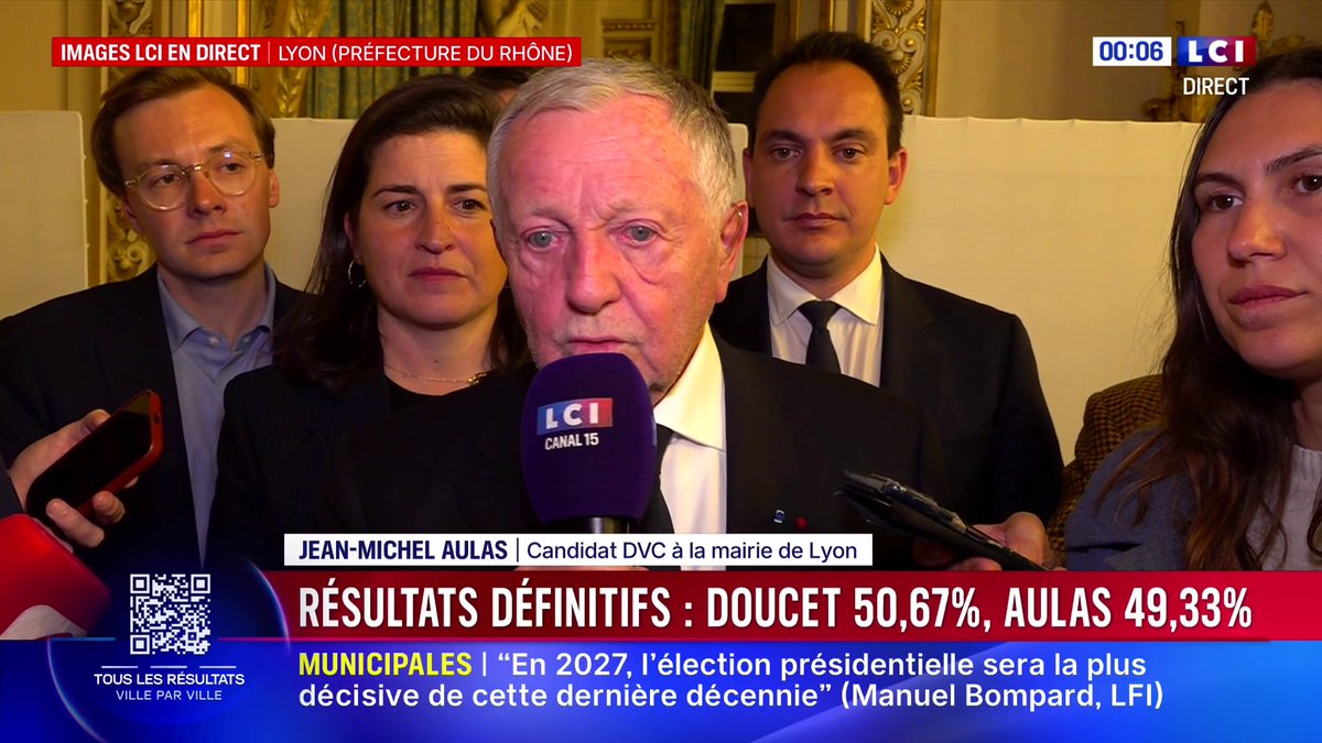 🔴 #Municipales2026 : résultats définitifs à Lyon Grégory Doucet : 50,67 % Jean-Michel Aulas : 49,33 % ➡️ Jean-Michel Aulas confirme en direct sur LCI le dépôt d'un recours pour "des irrégularités"