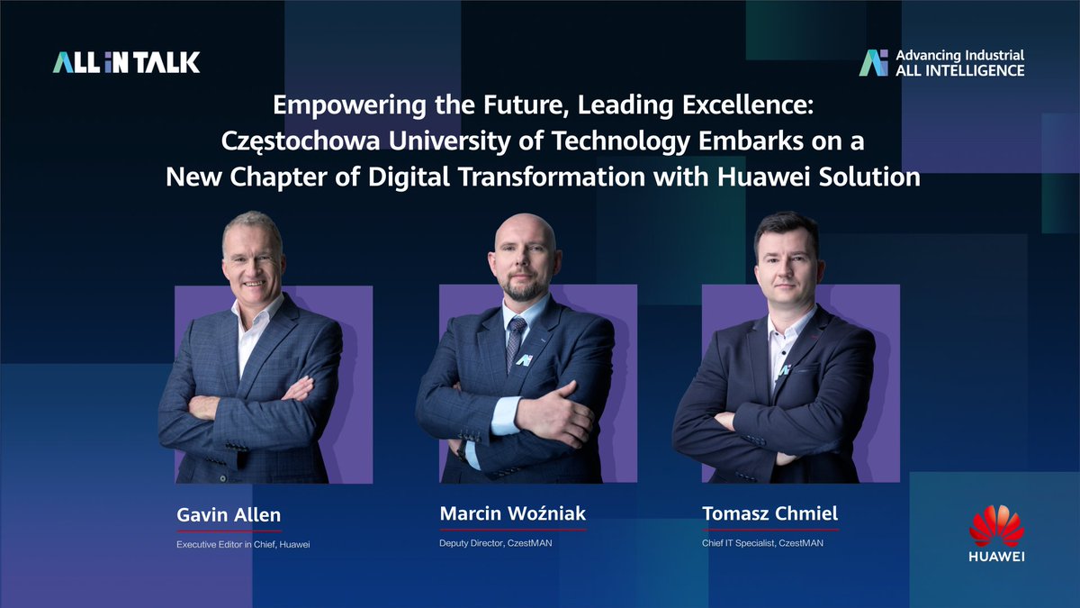 All-In Talk | Empowering the Future, Leading Excellence: Częstochowa University of Technology Embarks on a New Chapter of Digital Transformation with Huawei Solution At #MWC2026, Marcin Woźniak (Deputy Director of CzestMAN) and Tomasz Chmiel (Chief IT Specialist of CzestMAN) from Poland's Częstochowa University of Technology joined #AllInTalk, sharing how Huawei's storage solutions empower the digital & intelligence transformation of university research and teaching, laying a solid technical foundation for smart campuses and unlocking new potential for cutting-edge scientific research and educational innovation. #AdvancingIndustrialAllIntelligence