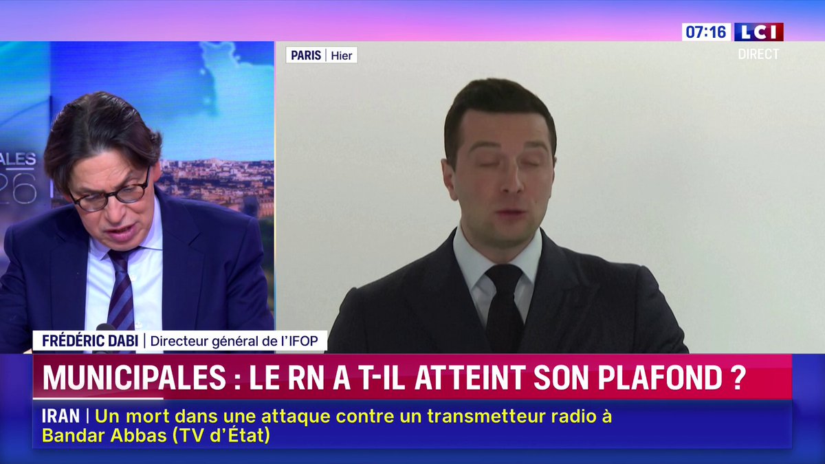 🗣️"Il y a une implantation du RN de plus en plus forte. D'une part, quasiment tous les sortants, de 2014 et de 2020 ont été réélus, ce n'est pas le cas pour LFI. Il y a des victoires très nettes dans le quart sud-est", détaille Frédéric Dabi, directeur général de l'IFOP.