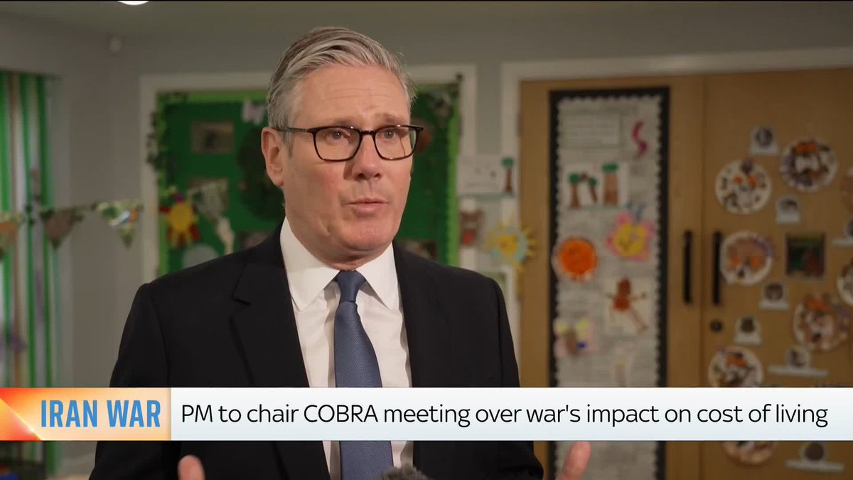 Speaking ahead of the COBRA meeting which he will chair, Prime Minister Sir Keir Starmer says they will be "looking at the economic impact of the Iran war" and using "every lever available" to deal with the cost of living.
