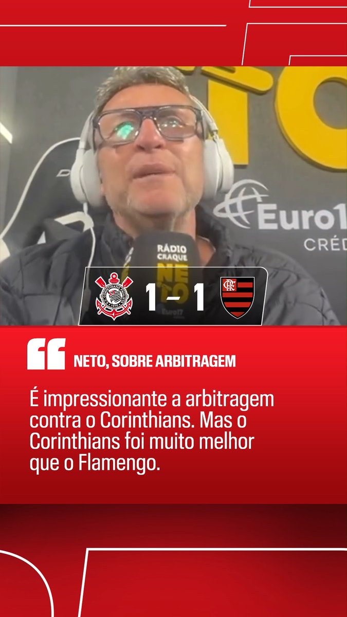 Ficou na bronca! 😤⚽ Neto usou suas redes sociais para comentar a atuação da arbitragem no empate por 1 a 1 entre Corinthians e Flamengo, pela oitava rodada do Campeonato Brasileiro. O ex-jogador também fez questão de enaltecer a partida do Timão que, segundo ele, foi superior ao Flamengo. 👀🔥 E aí, fã de esportes, o que você achou dessas declarações? 🤔 📹: Instagram/radiocraqueneto #FutebolNaESPN #Corinthians #Flamengo