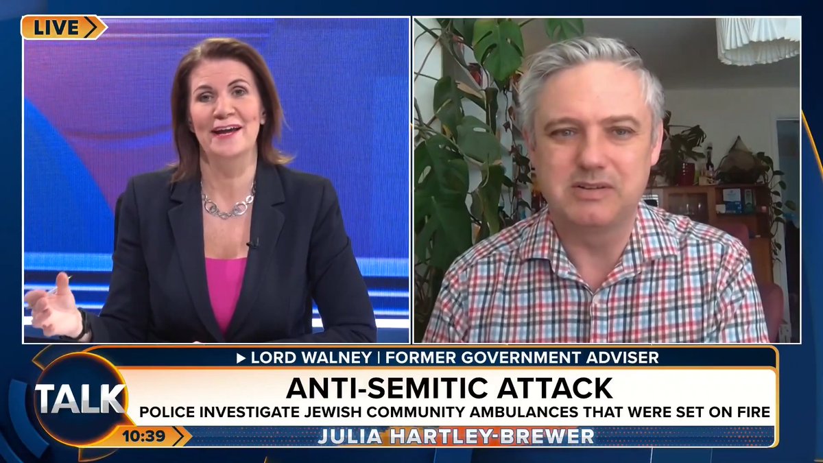 🚨"It's hideous. Jewish people have felt under siege since October 7th." Former Government adviser on extremism Lord Walney says levels of anti-Semitism and hatred in Britain have been "off the charts". Julia Hartley-Brewer | Lord Walney