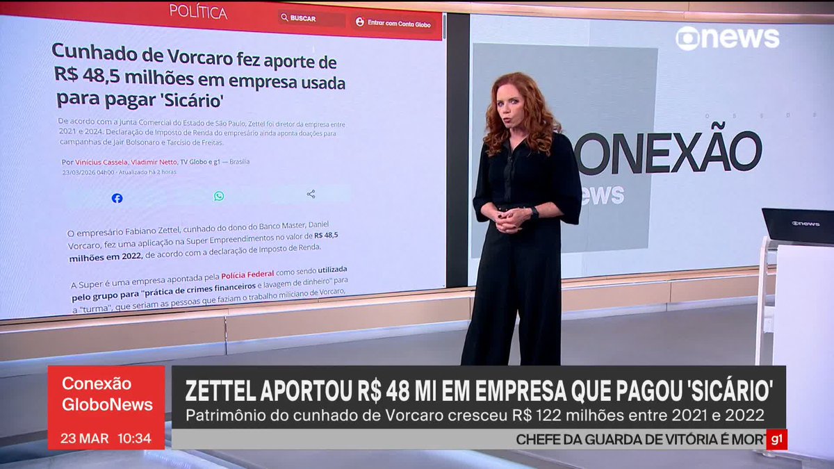 Cunhado de Vorcaro fez aporte de R$ 48,5 milhões em 2022 em empresa usada para pagar 'Sicário'. Patrimônio de Fabiano Zettel cresceu R$ 122 milhões entre 2021 e 2022. ➡️ Assista à #GloboNews: #ConexãoGloboNews