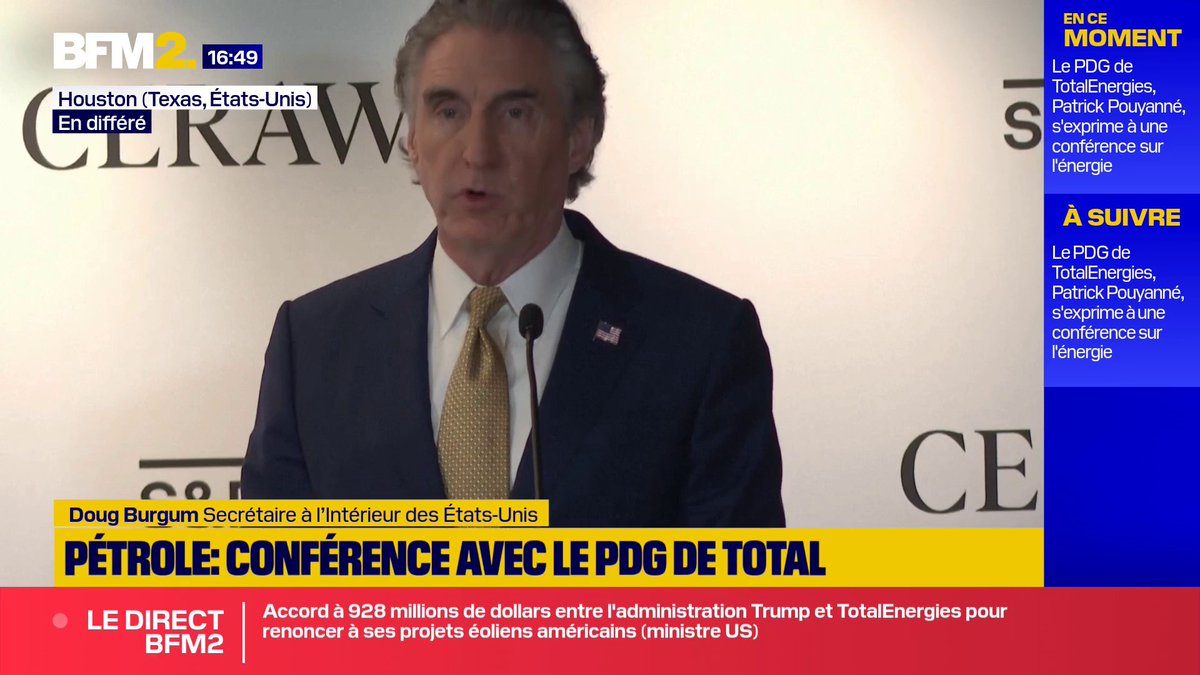 💬"Nous nous associons à TotalEnergies" Accord à près d'un milliard de dollars entre l'administration Trump et le fournisseur français pour renoncer à ses projets éoliens américains #BFM2