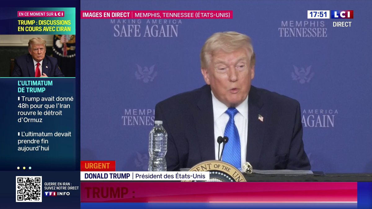 🔴 Sur les négociations avec l'Iran : "Ils veulent la paix", Donald Trump qui ajoute "espérer conclure un accord" et donner "cinq jours" à l'Iran