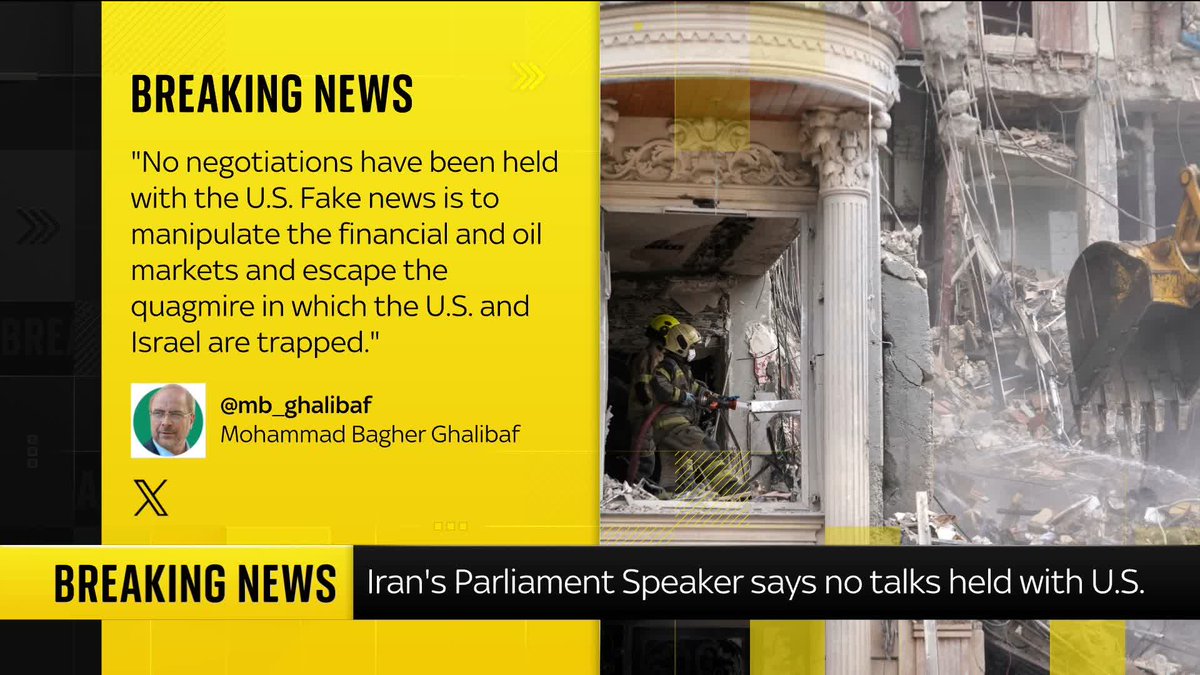 BREAKING: The speaker of Iran's parliament, Mohammad-Bagher Ghalibaf, has rejected Donald Trump’s claim that he has been negotiating with the U.S. Live updates: 📺 Sky 501, Virgin 602, Freeview 233 and YouTube