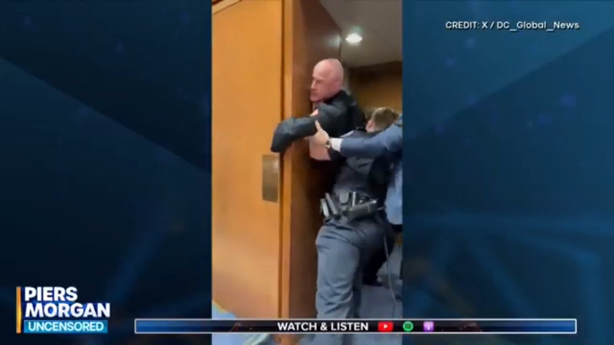 "I feel concerned to what we're committing our American troops to!" Brian McGinnis explains his sentiments behind his Senate hearing protest that he says left him with a broken arm after being forcibly removed. 📺 Piers Morgan | Brian McGinnis