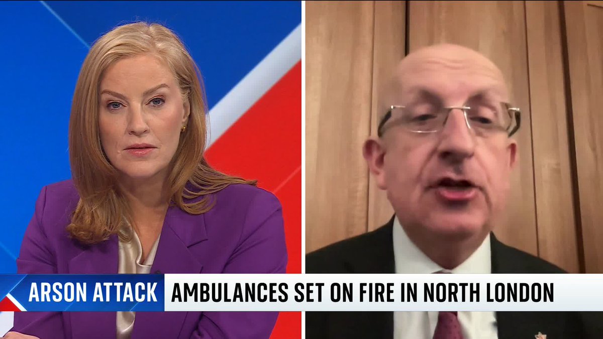 'It's true some Jewish people are talking about leaving the UK but there is not panic in the community', the head of the Board of Deputies of British Jews tells @SkySarahJane. It's after four ambulances from a Jewish volunteer organisation were set on fire in London.
