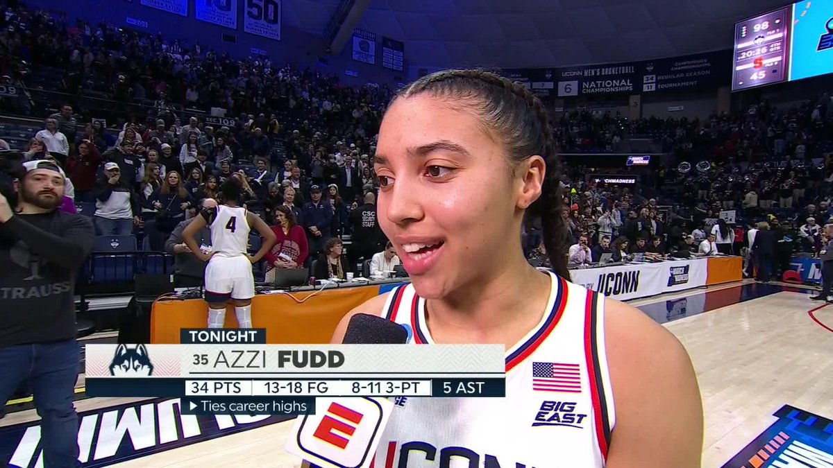 "To have one last night here to soak this in, embrace it, enjoy it, it was amazing." Azzi Fudd after tying her career-high 34 points in her final home game at UConn 👏
