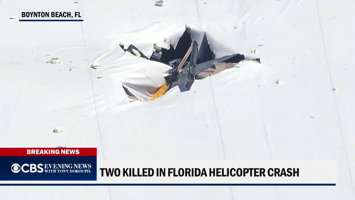 Two people died when a helicopter crashed into a warehouse in Boynton Beach, Florida. Authorities are investigating the cause.