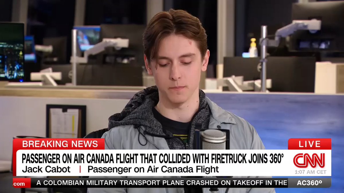 Jack Cabot, a passenger on the Air Canada flight that crashed into a firetruck at NYC's LaGuardia Airport, talks about the chaos in the cabin at the moment of impact calling it a "really harrowing moment."