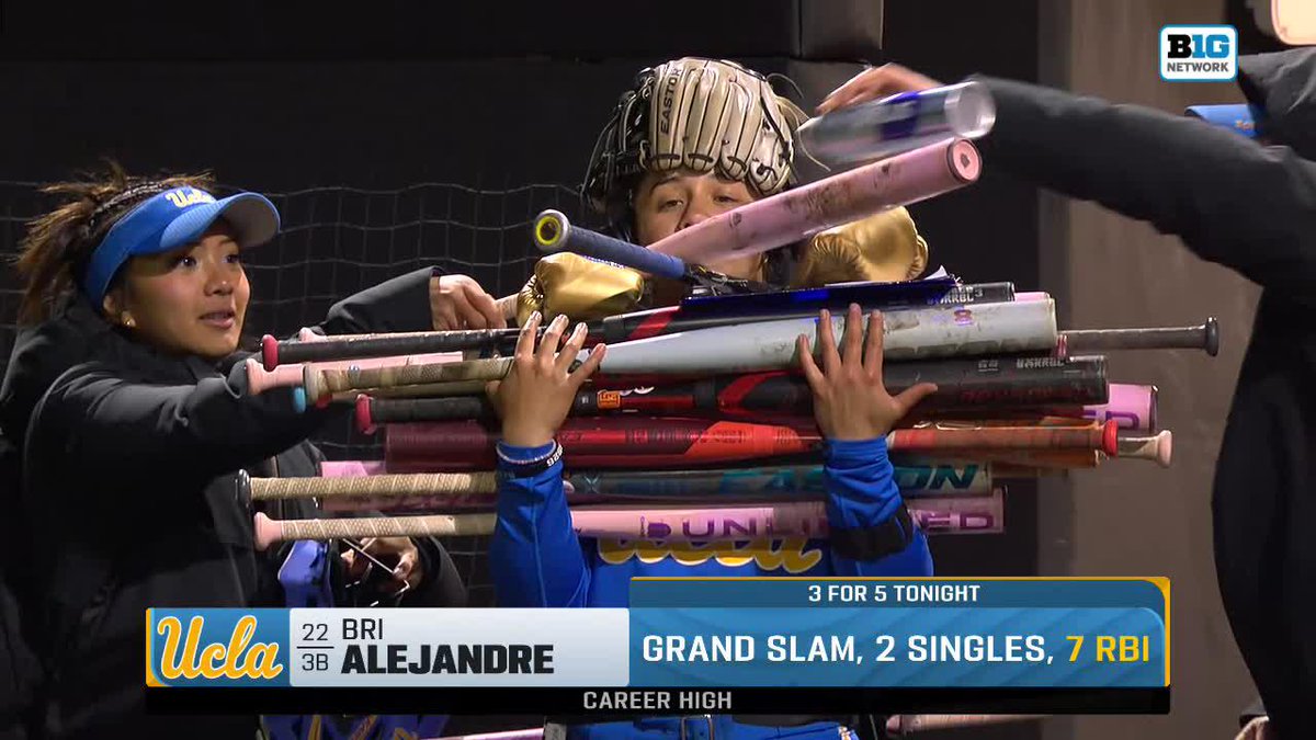 "Guys, the stuff's falling. The stuff's falling!" 🤣 UCLA Softball freshman Bri Alejandre's teammates kept putting bats and other props in her arms during her Big Ten Network postgame interview.