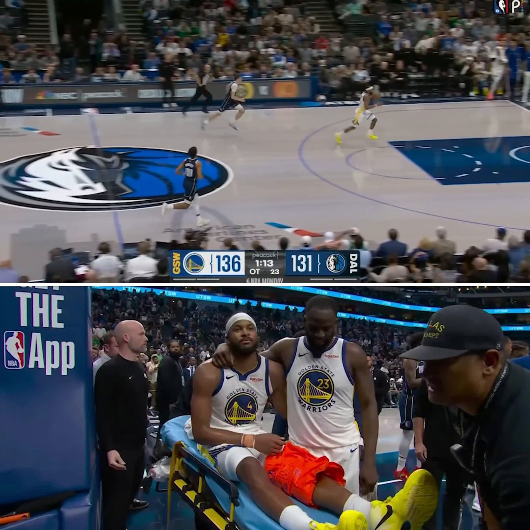 Moses Moody went down with a non-contact knee injury during overtime of Warriors-Mavs. Draymond Green stood by his side to console Moody as he was stretchered off.