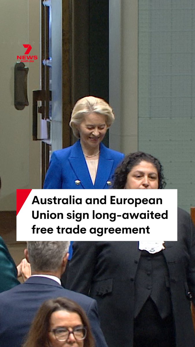 Prime Minister Anthony Albanese has signed an agreement with European Commission President Ursula von der Leyen at Parliament House after years of negotiations. Albanese said the free-trade deal signed with the EU will be worth $10 billion a year to Australia and will eliminate tariffs on Australian wine, seafood and horticulture. #trade #deal #EU #auspol #AnthonyAlbanese