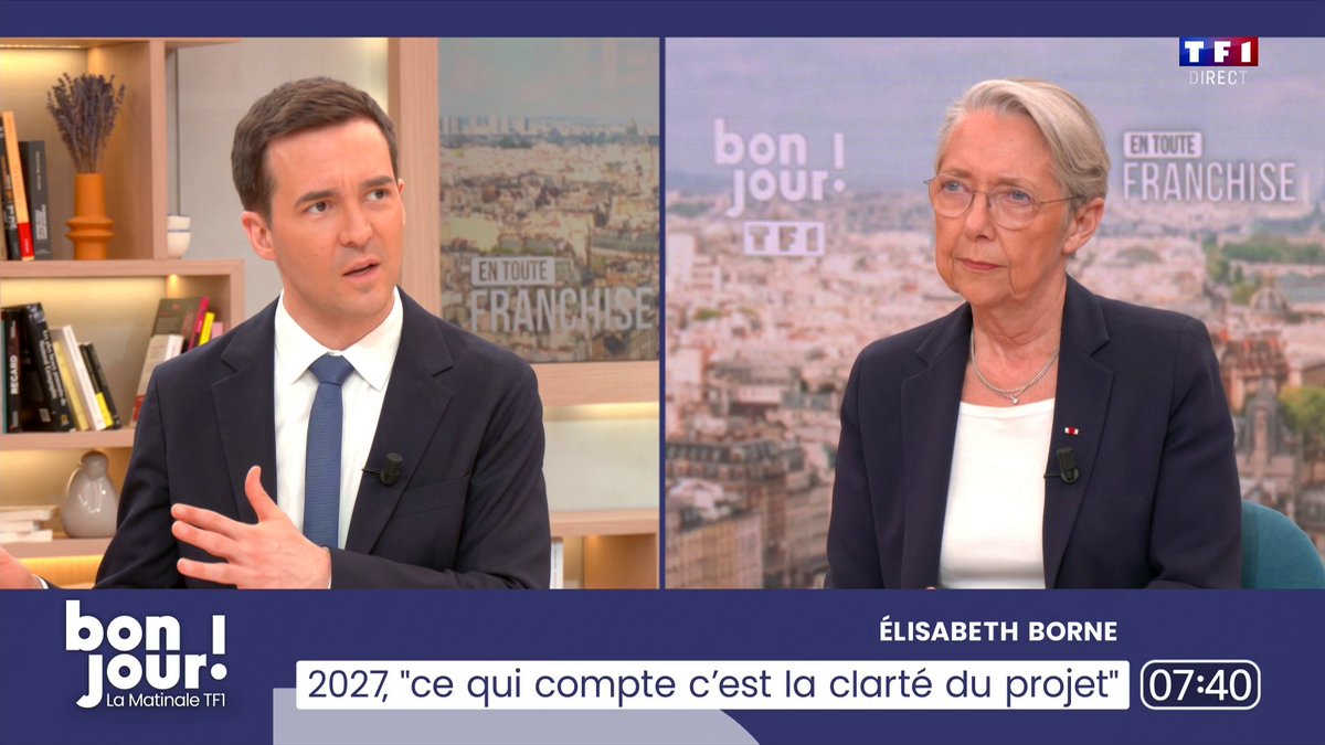 🔴🗣️ 2027 : "On a besoin d'un candidat commun dans cette famille du centre, capable de parler à la gauche modérée et à la droite modérée", dit Élisabeth BORNE. Le retour au macronisme originel est la raison pour laquelle elle s'est "engagée" 📺 #EnTouteFranchise avec Adrien Gindre