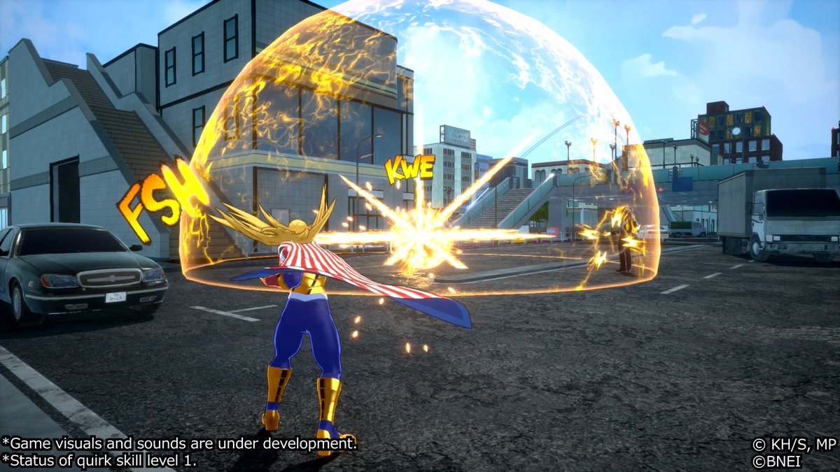Star and Stripe's Quirk Skill α :「Diffusion Laser」 Grab a laser descending from above and hurl it in the direction you aim. When it hits an opponent, the laser disperses on the spot! It’s highly effective in chaotic fights; use it to hit multiple opponents at once! #MHUR