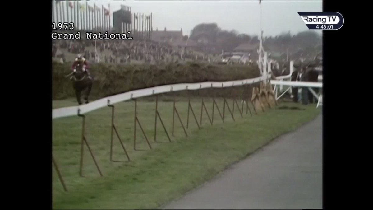 Look at those fences in the 1973 Grand National. Crisp out in front ridden by Richard Pitman just gets caught by Red Rum under Brian Fletcher. A different race back then!