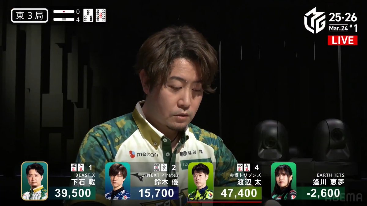 #Mリーグ 2025-26試合ダイジェスト📹 東3局4本場 #下石戟 選手の倍満のアガリ！ 仕掛けて聴牌を入れた太選手 ポンしていた🀔が新ドラになり12000聴牌に！ しかしタンヤオドラ4の聴牌で下石選手がリーチ！ 太選手から捉えて裏2の16000！ この試合2度目の倍満！ 👇動画タップで今すぐ無料視聴