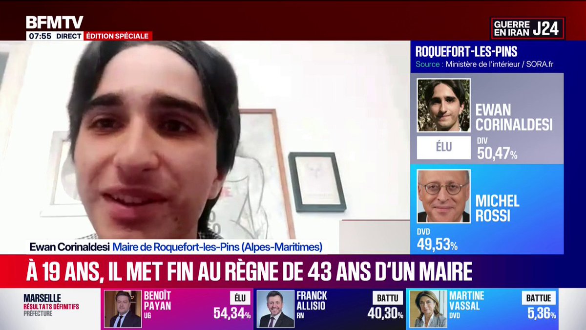 🇫🇷 FLASH | Ewan Corinaldesi, 20 ans, a été élu maire de Roquefort-les-Pins. Étudiant, il a battu le maire sortant qui dirigeait la ville depuis 43 ans.