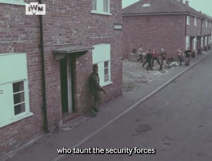 This British instructional film from 1973 describes and demonstrates how soldiers should respond to 'aggro'. Film: IWM DRA 1314 <1/2>