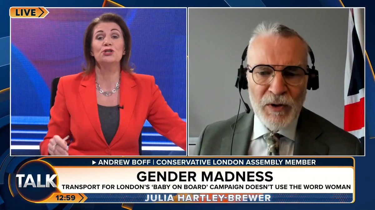 JHB: "Is there a single man in this country who needs to wear a 'Baby on board' badge? Andrew Boff: "I don't know..." JHB: My god! You should not be in office. And you wonder why people aren't voting for you anymore!" Julia Hartley-Brewer | Andrew Boff