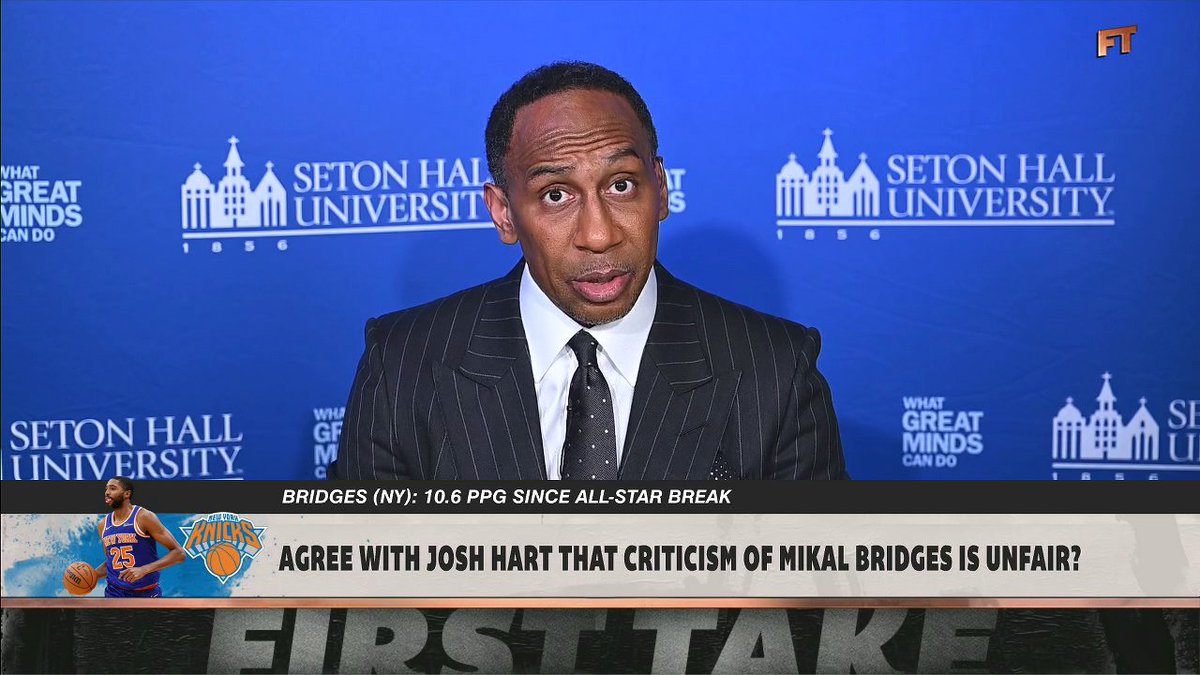 "I need Josh Hart to be quiet. ... Seven picks. ... For a dude who can't even get you 10 PPG?" Stephen A Smith responds to Josh Hart's defense of Mikal Bridges recent play 😳