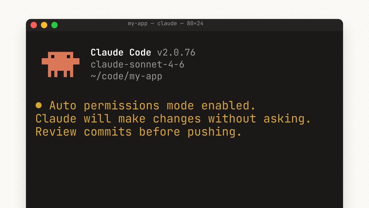 New in Claude Code: auto mode. Instead of approving every file write and bash command, or skipping permissions entirely, auto mode lets Claude make permission decisions on your behalf. Safeguards check each action before it runs.