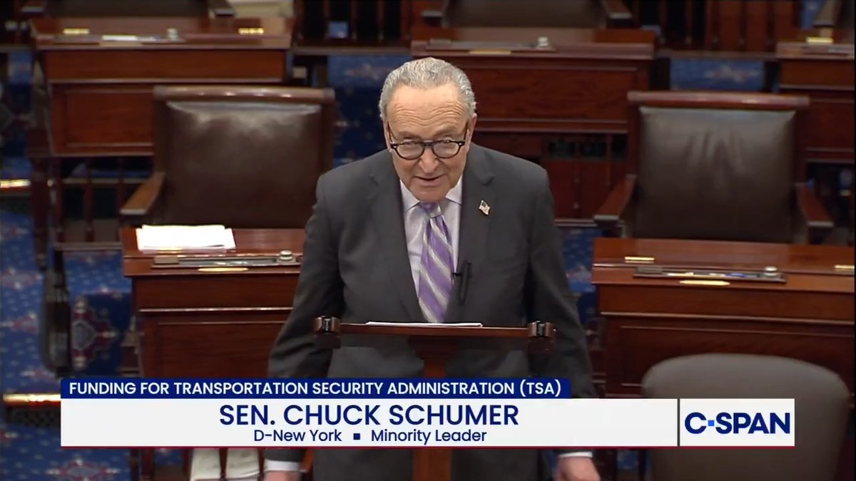 Sen. Schumer: "Attaching voter suppression to TSA paychecks was an outrageous demand from the start, Democrats knew it, Republicans knew it, and we wasted a day of negotiations because of Donald Trump's temper tantrum."