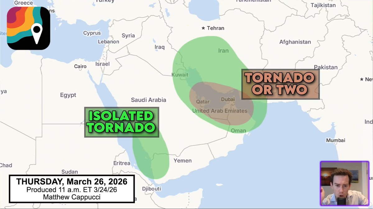 Middle East friends — here’s a comprehensive severe weather briefing for Thursday. The main hazards: • heavy rain and possible flooding • scattered damaging winds • chance of dust storms • isolated large hail • nonzero tornado risk