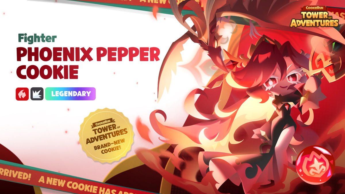 "Are you ready to set your heart ablaze?" Like a phoenix, rising up from the ashes with blazing flames! Phoenix Pepper Cookie, leader of the Sleepless Streets, is here 🔥 Meet her now, in CookieRun: Tower of Adventures! #CookieRun #TowerOfAdventures #Update #Legendary #Guardian