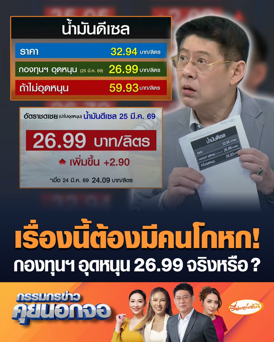 เรื่องนี้ต้องมีคนโกหก! วันนี้กองทุนน้ำมันประกาศอุดหนุน "ดีเซล" 26.99 บาท/ลิตร "สรยุทธ" ตั้งข้อสงสัย อุดหนุนจริงหรือไม่ ทำไมราคาดีเซลพรีเมียมถูกกว่าดีเซลมาตรฐาน #เรื่องเล่าเช้านี้ #ครอบครัวข่าว3 #กรรมกรข่าวคุยนอกจอ #ราคาน้ำมัน #กองทุนน้ำมัน #ดีเซล