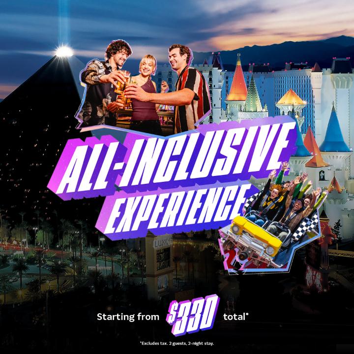 Everything you actually want, included. 🛏️ Two nights 🥘 Six meals ✨ Show 🎢 Roller coaster ride 🚘 Parking 👋 Resort fees Starting at $330 for two at Luxor or Excalibur. Book Vegas NOW: