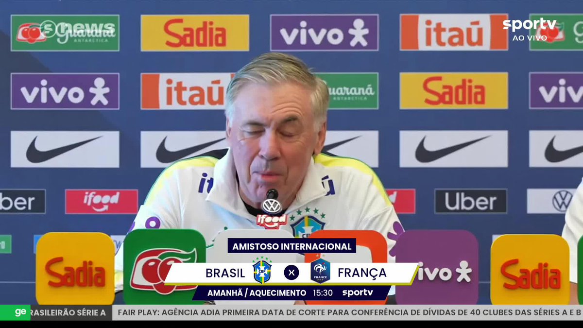 Ancelotti, sobre questionamentos da mídia sobre a presença ou ausência de Neymar na Copa: “Eu acompanho tudo e, pelo papel que tenho, tomo as decisões. No futebol, todo mundo pode opinar. Eu tenho que respeitar a opinião de todos.” 🎥 sportv | ge