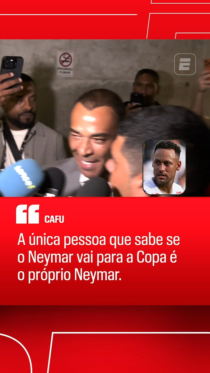 “Só o Ancelotti sabe se o Neymar vai ou não (para a Copa do Mundo), mas a única pessoa que sabe mesmo se vai ou não é o próprio Neymar. A gente espera que ele esteja 100% e vá.” 🎙️ Cafu. 🎥 ESPN Brasil | SportsCenter Brasil