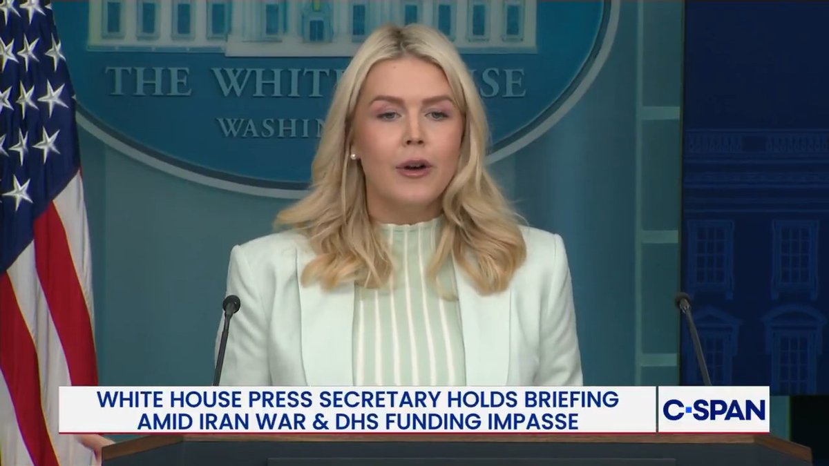 Q: "Are the TSA lines…going to be what ends the stalemate in Congress to get DHS funded?" Karoline Leavitt Karoline Leavitt: "It's the Democrats who have led to this stalemate…The cruelty is the point. They want this chaos. They want to distract…from the success of our military."