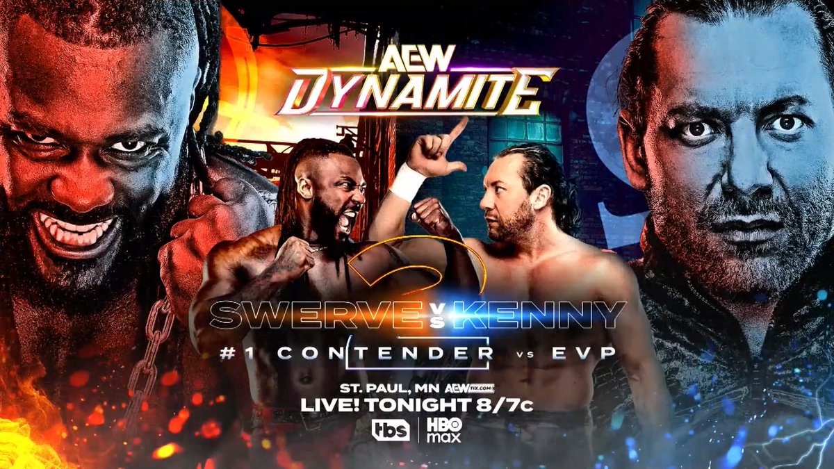 Wednesday Night #AEWDynamite LIVE, 8/7c on TBS + HBO Max TONIGHT! #1 Contender vs EVP: @SwerveConfident vs Kenny Omega 2! If Swerve wins, he'll win Kenny's EVP Status, but if Omega wins he becomes #1 Contender for the AEW World Championship, TONIGHT!