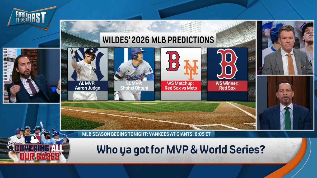 .Wildes shares his 2026 MLB Predictions | FOX Sports: MLB AL MVP: Aaron Judge NL MVP: Shohei Ohtani World Series Matchup: ??? vs. ??? World Series Winner: ???