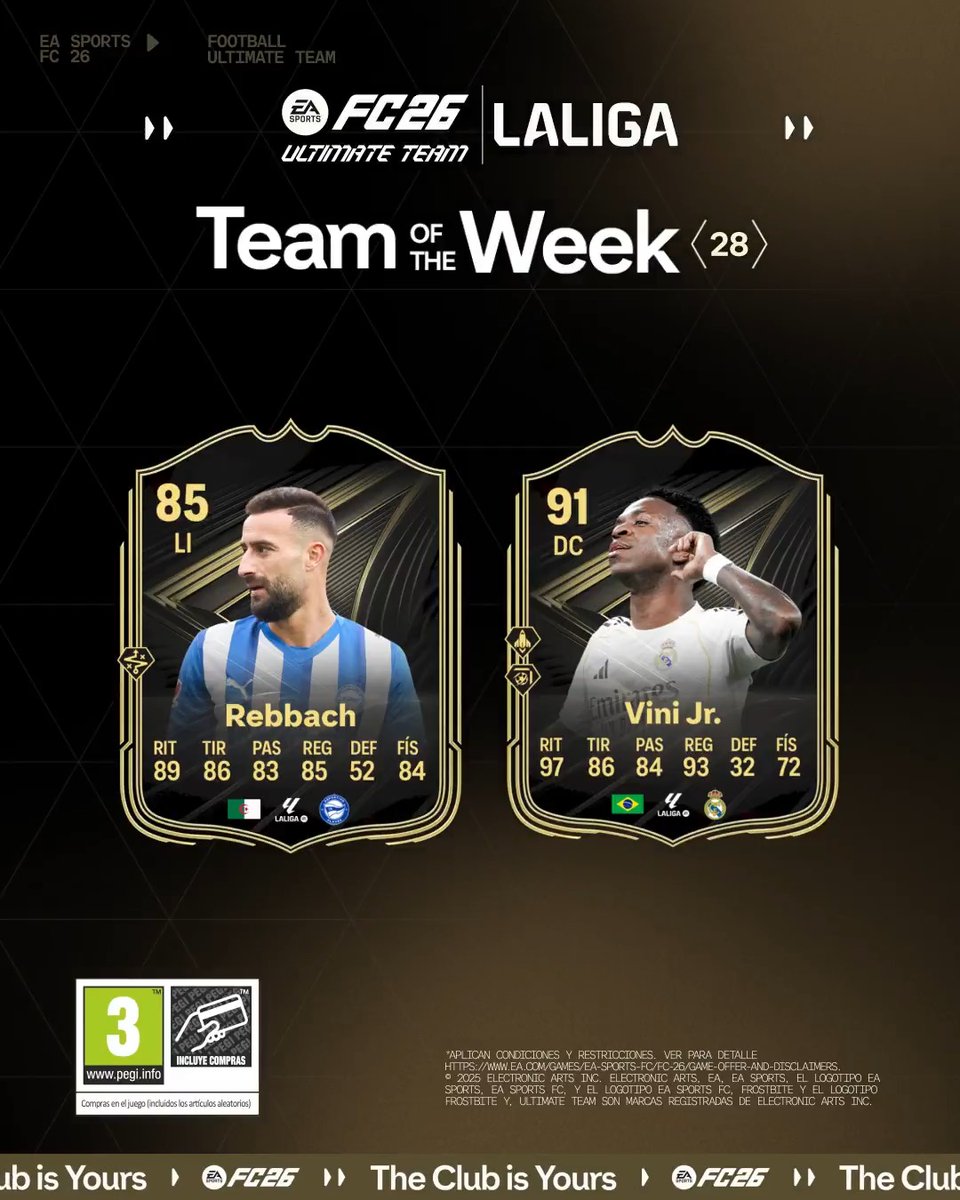 🌟 Llega el Team of the Week de EA SPORTS FC ESPAÑA con dos jugadores de #LALIGAEASPORTS. 👀 Abderrahmane rebbach y Vini Jr. presentes en el #FC26TOTW. 🎮 ¡No te pierdas sus ítems en #FC26!