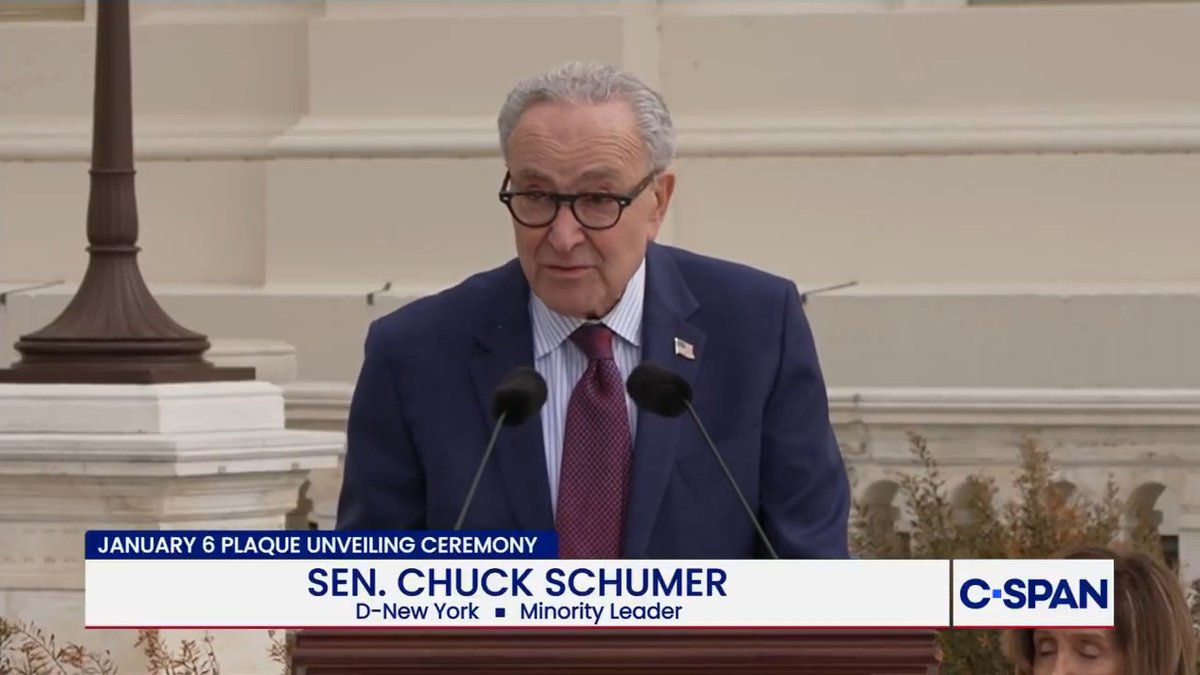 Sen. Schumer at January 6 plaque unveiling: "We gather today not merely to remember the past but to also reaffirm the truth: that on January 6, democracy prevailed, thanks to the bravery of our first responders."