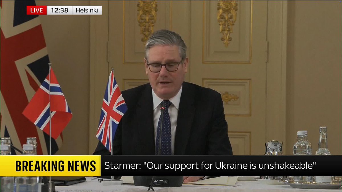 'In the face of Putin's abhorrent attacks, the fortitude of the Ukrainian people is extraordinary.' Speaking at a press conference in Helsinki, Sir Keir Starmer praises Ukraine, as he emphasises that the UK's support for the nation is "unshakable".