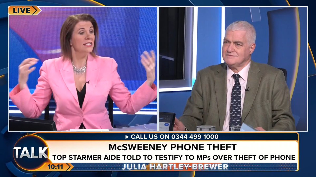 🚨"None of this is adding up!" Julia Hartley-Brewer points to an important inconsistency in the reporting around Morgan McSweeney’s stolen phone. Julia Hartley-Brewer